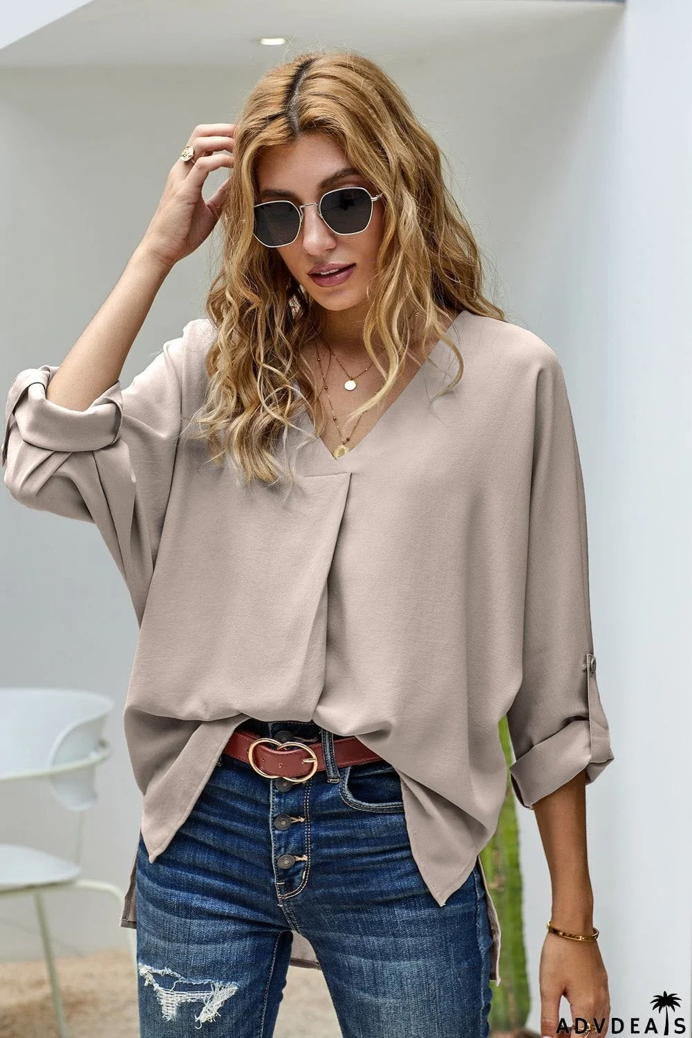 Elegant Apricot V Neck 3/4 Sleeve High Low Hem Shirt