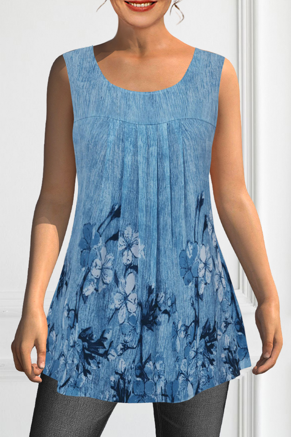 Plus Size Floral Print Pleated Round Neck Casual Tank Top 2024 - Flycurvy 