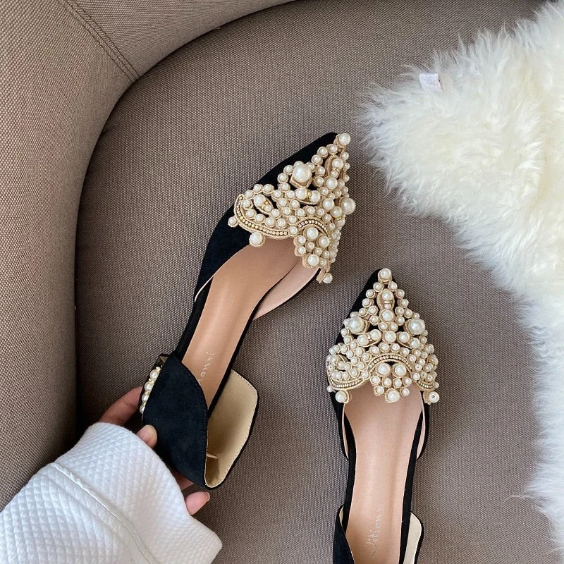 Vstacam Graduation Gift  New Crown Pearl Flats Women Wedding Shoes Pointed Toe Female Dress Moccasins Low Pearl Heel Ladies Fashion Luxury Style 43