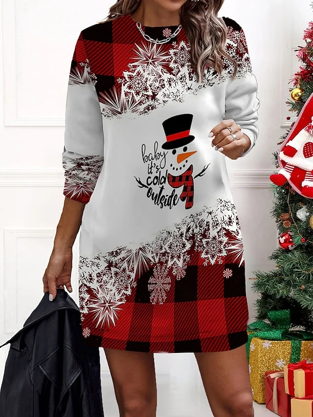 Women‘s Christmas Casual Dress Sweatshirt Dress Mini Dress Warm Fashion Outdoor Holiday Crew Neck Print Geometric Snowman Loose Fit Black Yellow Wine S M L XL XXL