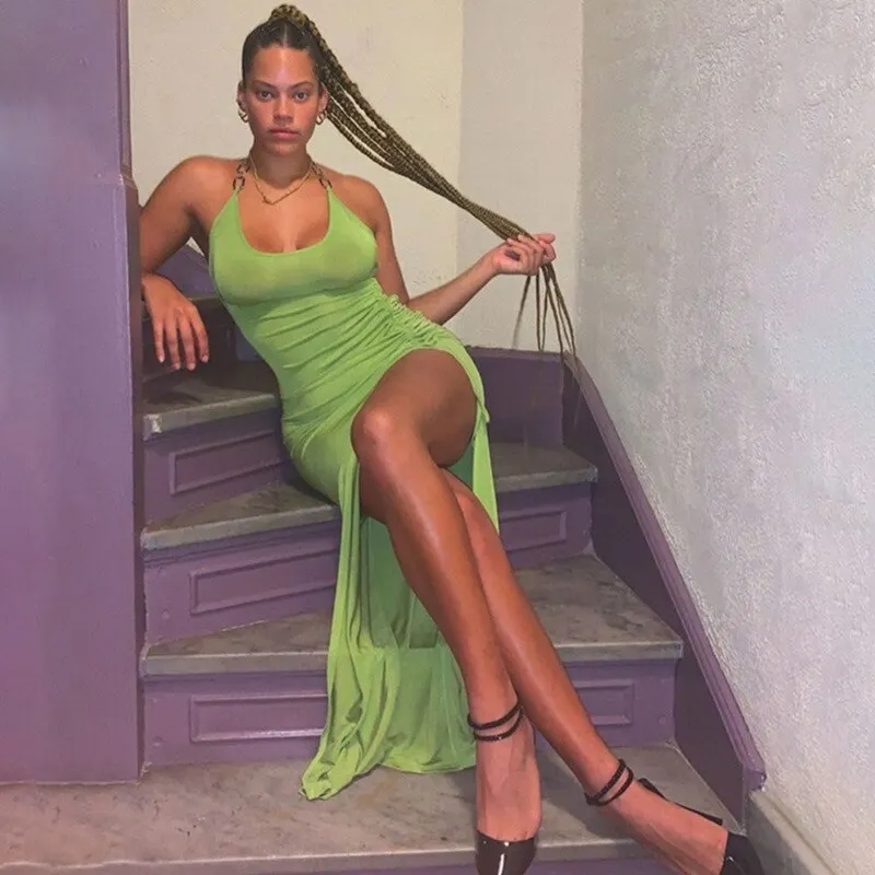 Uveng Drawstring Dress Sleeveless Draped Skinny Sexy Club Dresses Solid Backless Thigh Slit Off Shoulder Midi Dress Vestidos