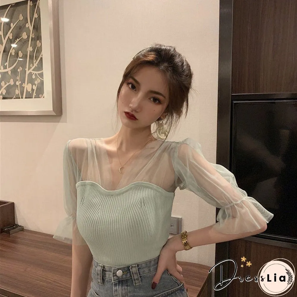 T-Shirts Women Elegant Patchwork Design Summer Sexy Backless All-Match Basic V-Neck
