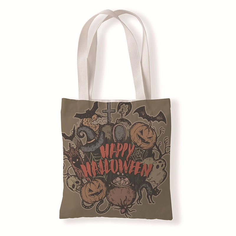 Halloween Women’s Medium Canvas Pumpkin Letter Elegant Streetwear Square Open Canvas Bag