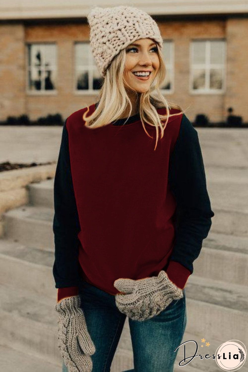 Red Long Sleeve Round Neck Stitching Top