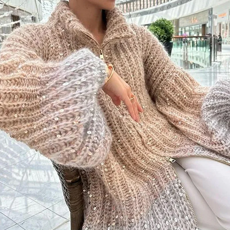 Toloer Toloer Autumn And Winter New Advanced Temperament Small Fragrant Wind Comfortable Sequin V Neck Sweater-Outfit Ideas