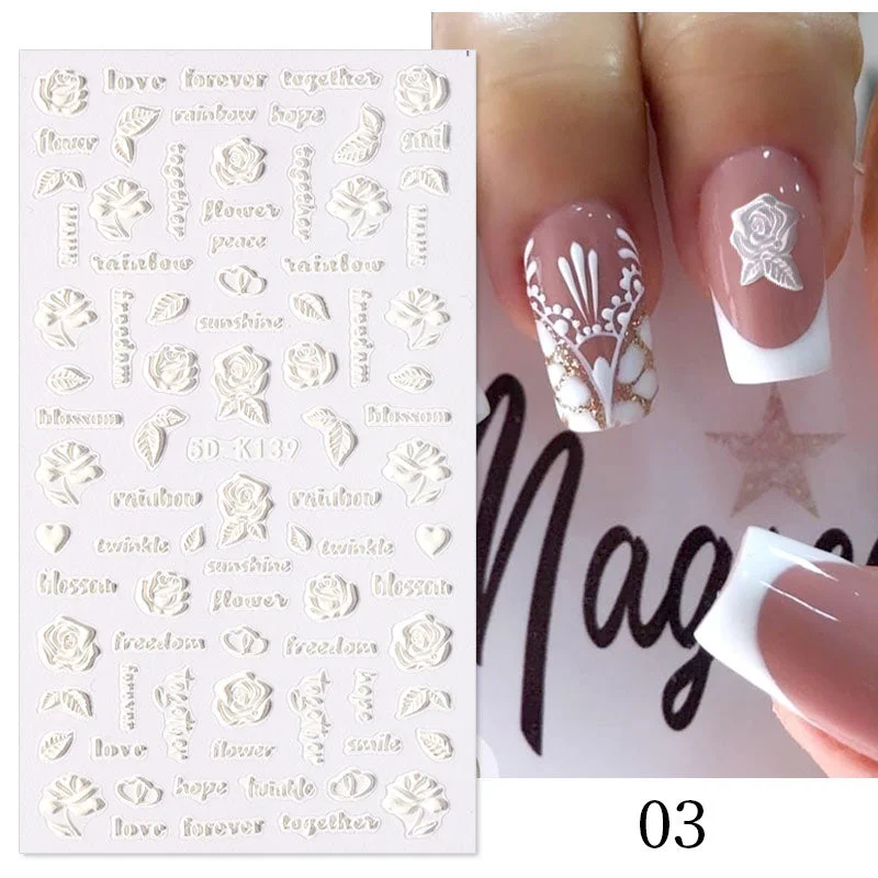 1PC French 5D Nail Sticker Embossed Flower Bubble Pattern Self-Adhesive Slider Wedding Design Nails Decals Nail Art Decoration-Nail Inspo
