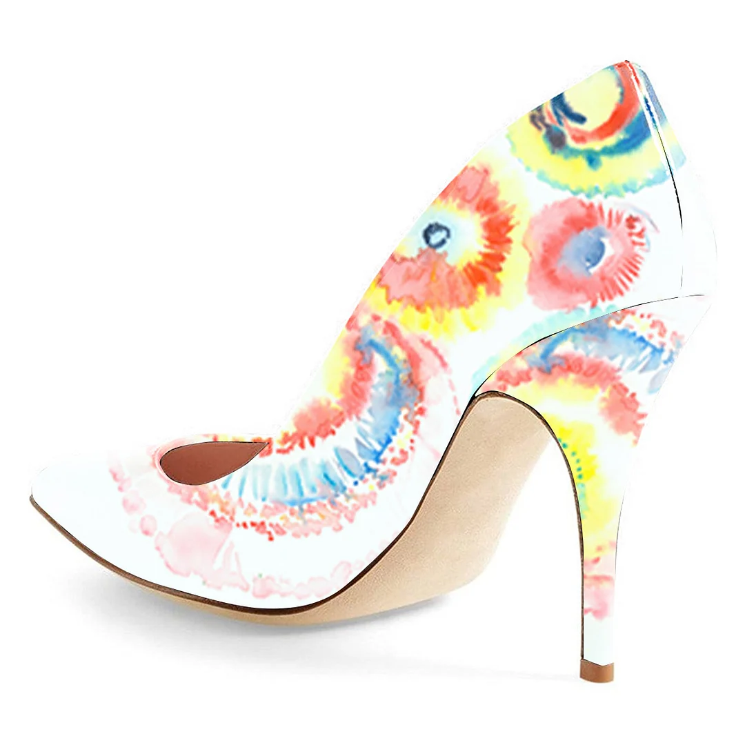 Ivory Vegan Leather Colorful Floral Printed Pointed Heel Pumps
