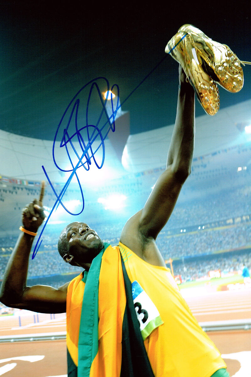 USAIN BOLT 2008 & 2012 Olympic Gold Medal SIGNED 12x8 Photo Poster painting AFTAL Autograph COA