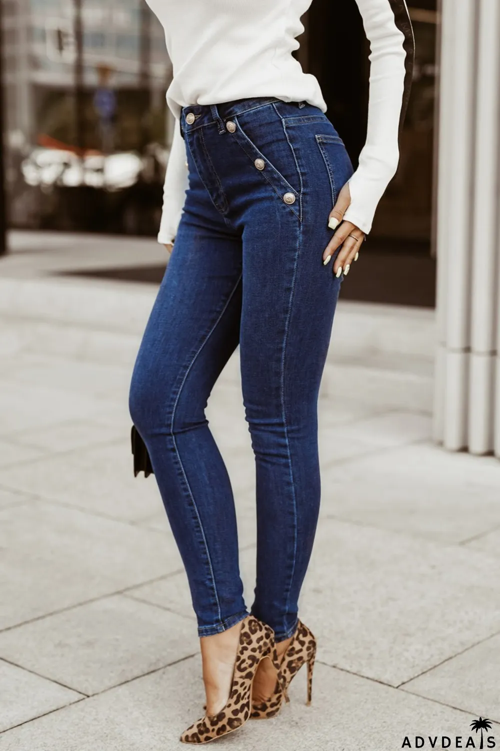 Blue Buttons Pockets High Waist Skinny Jeans