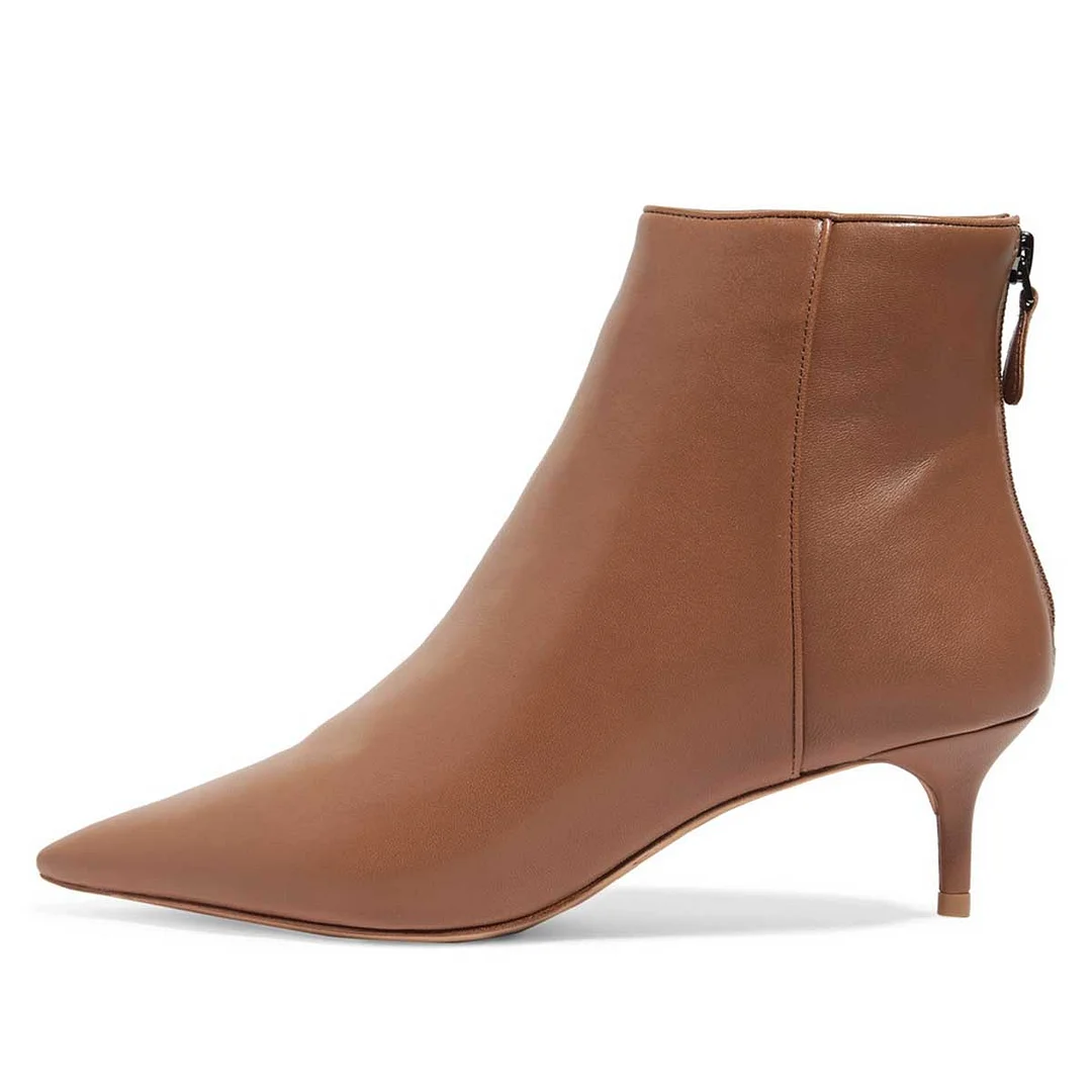 Women's Vegan Leather Pointed Toe Back-Zip Kitten Heel Boots in Brown