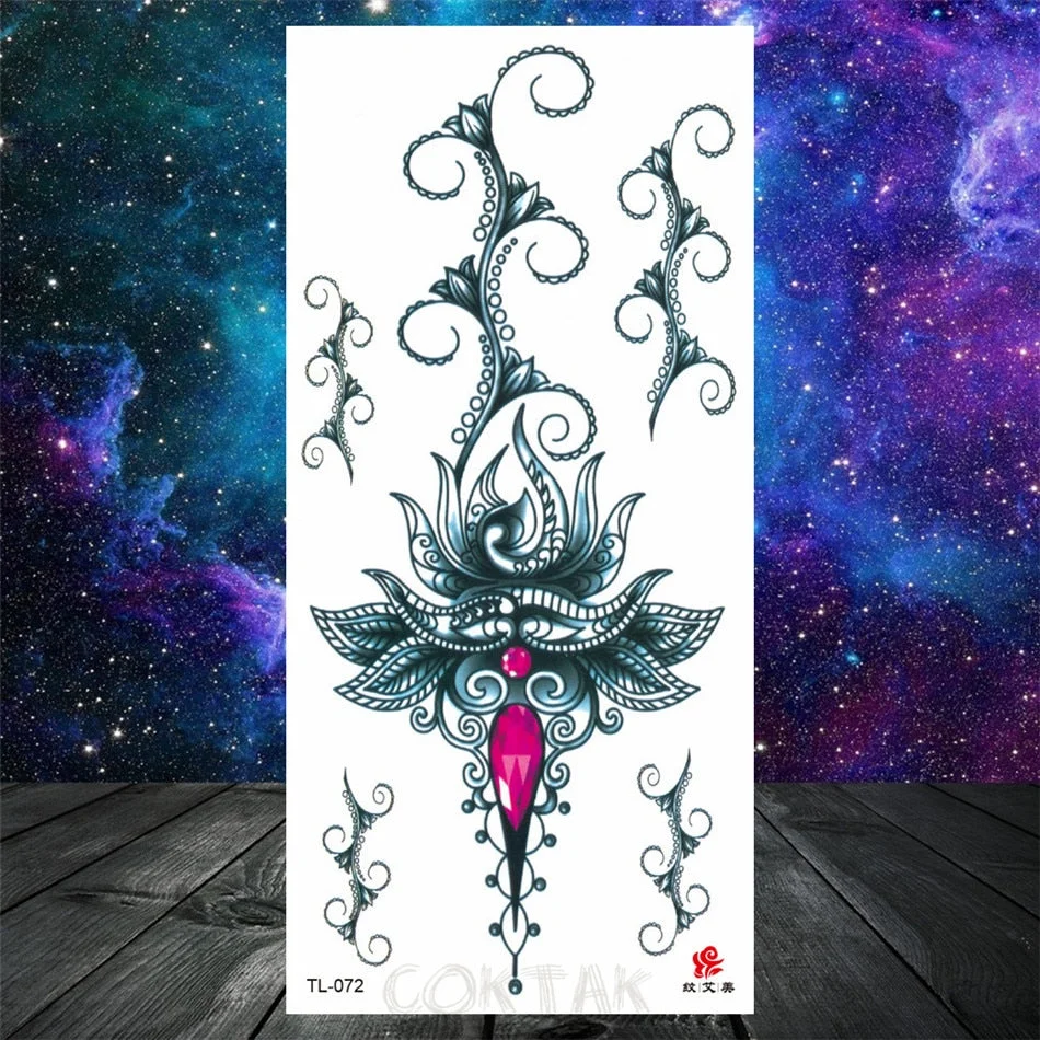 Owl Moth Jewelry Temporary Tattoo For Women Men Mandala Henna Flower Tattoo Mehndi Fake Pendants Geometric Tatoo Chest Back Lace