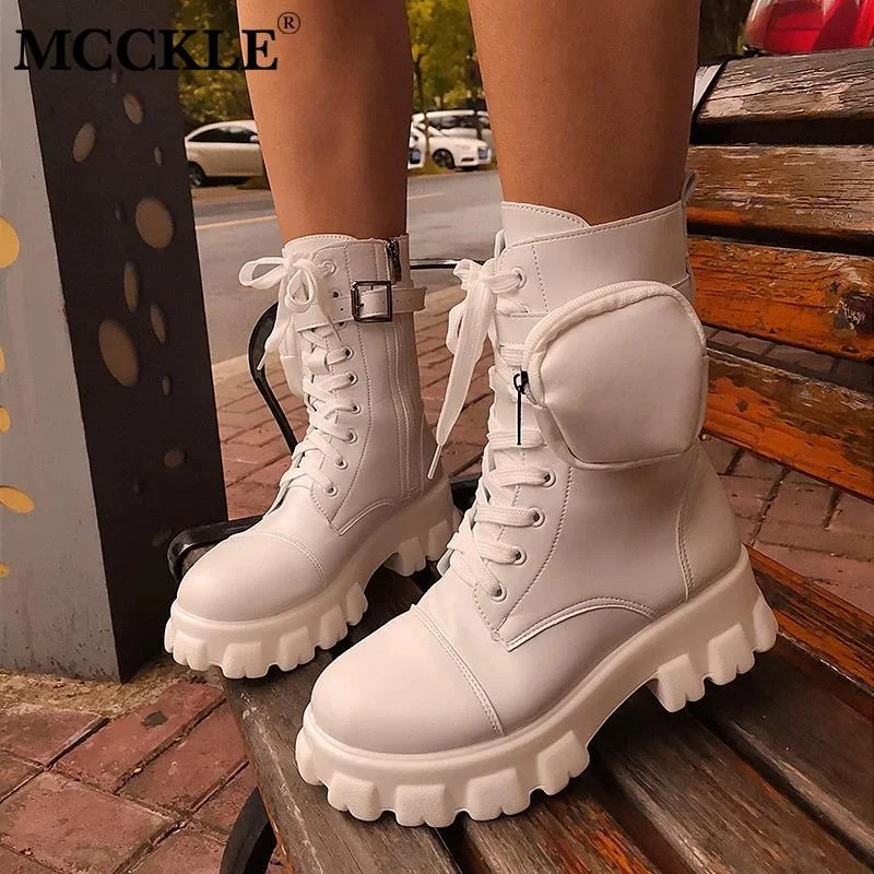 Qengg Women's Combat Boots Pocket Lace Up Women Ankle Boots 2021 Autumn Fashion Female Chunky Heels Platform Ladies Shoes Woman Boots