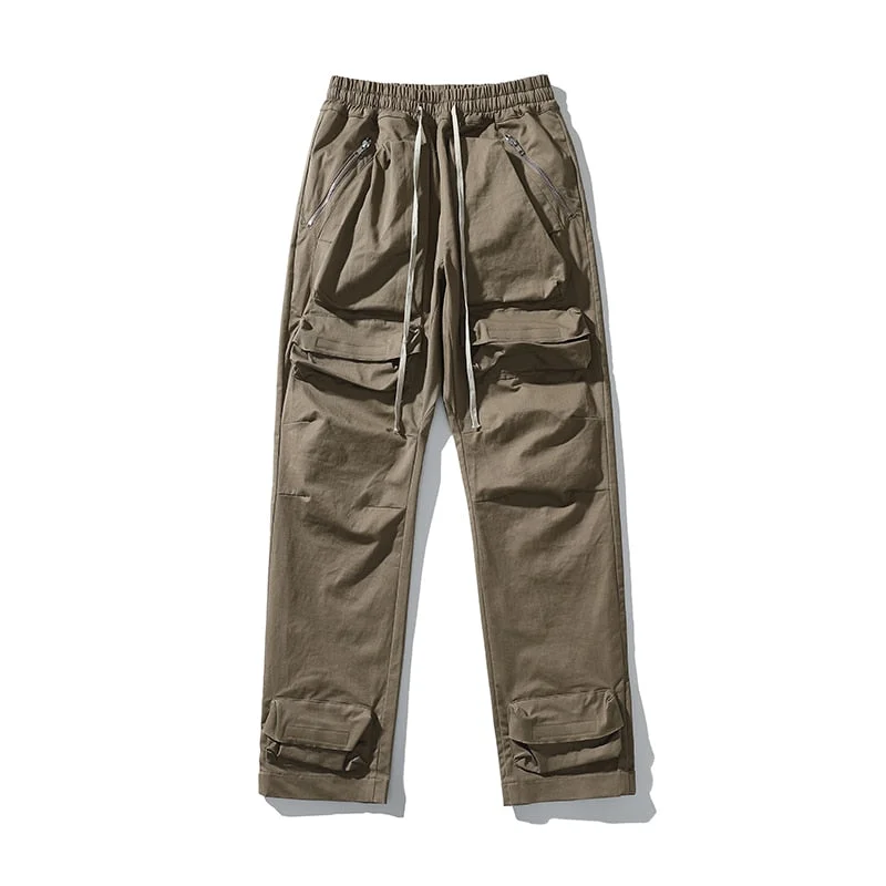 High street Multi-pocket Drawstring Overalls Mens Straight Ribbons Oversize Casual Cargo Pants Hip Hop Loose Baggy Trousers
