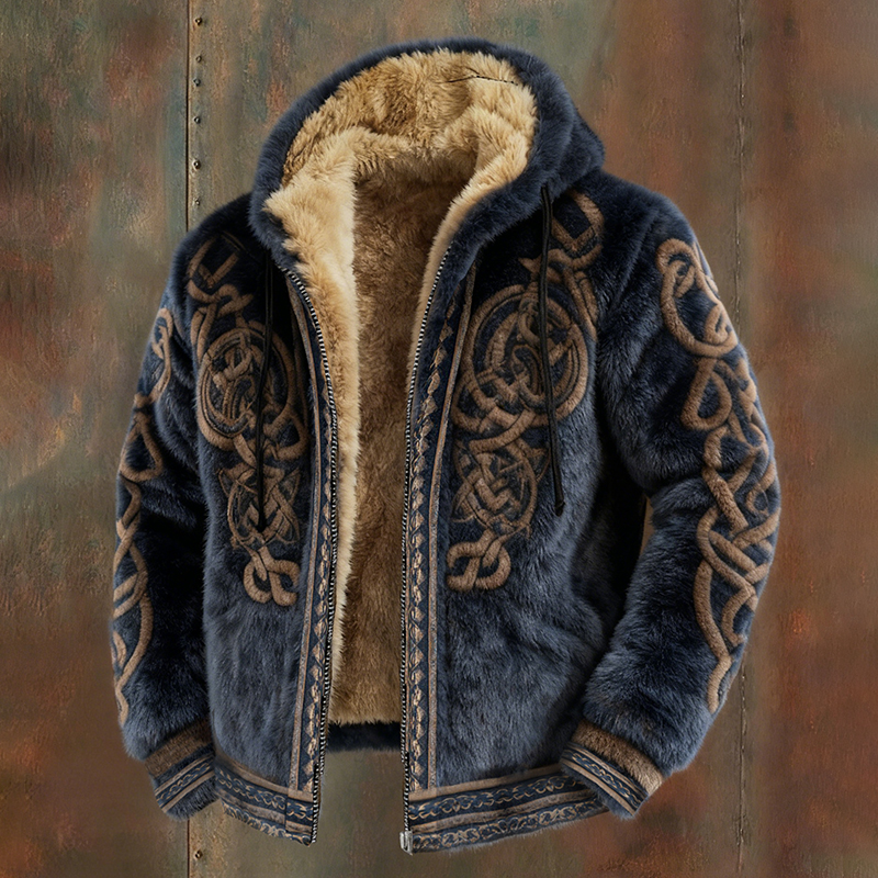 Men's Viking Celtic Knot Flannel Cozy Warm Zipped Hooded Jacket elevenforest