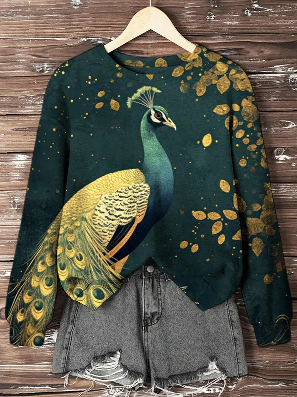 Women's Elegant Golden Peacock Print Casual Sweatshirt