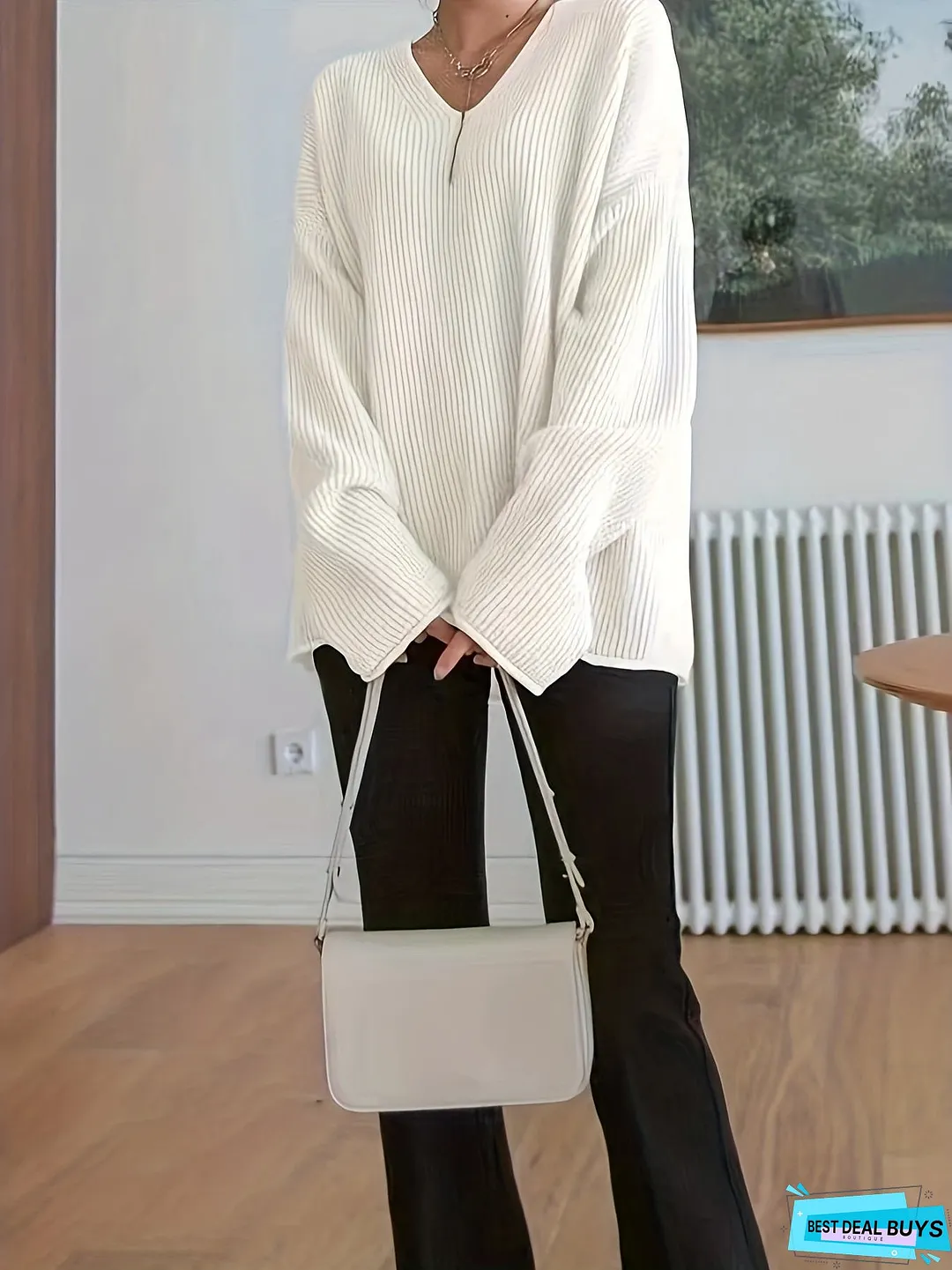 Plus Size Casual Sweater Womens Solid Ribbed Drop Shoulder Long Sleeve Neck Slight Stretch