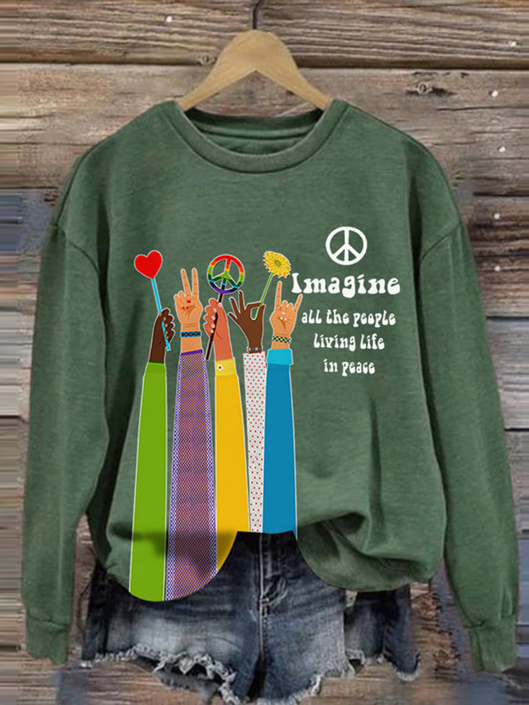 Comstylish Retro Hippie Imagine All The People Living Life In Peace Print Sweatshirt