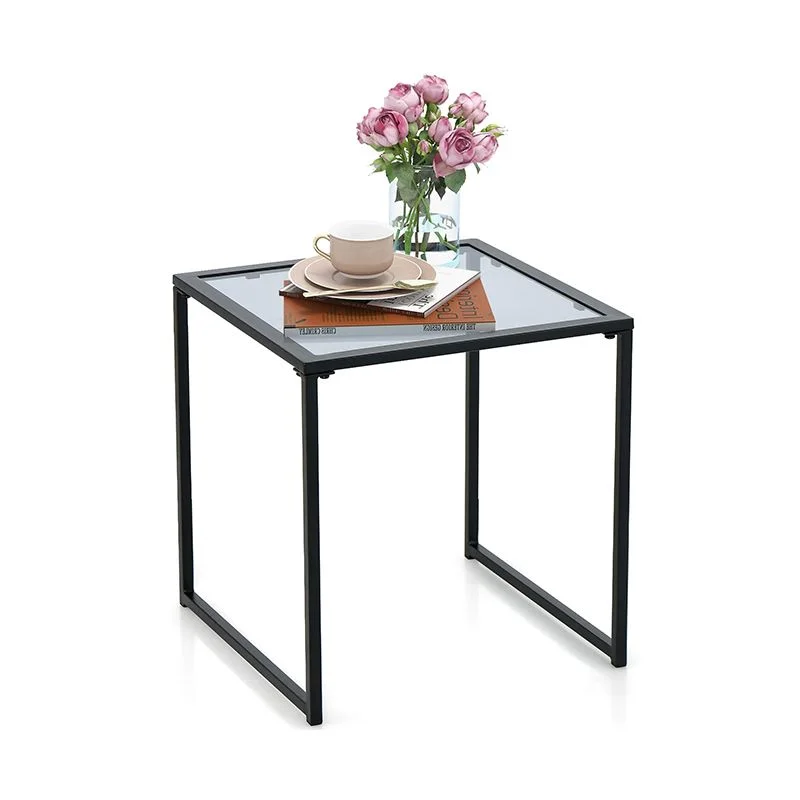 Patio Tempered Glass End Table Side Table with Metal Frame