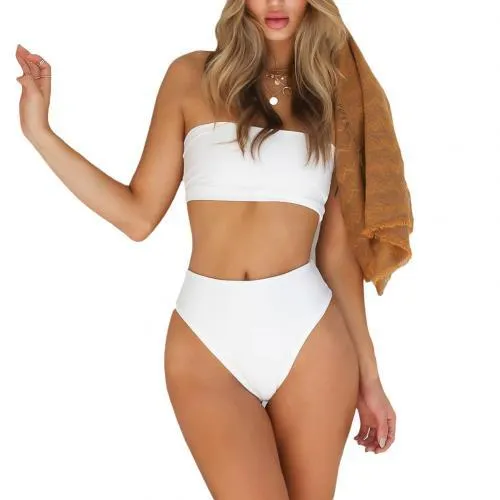 Sexy Women Solid Color Tube Top Bandeau High Waist Panties Set Bikini Swimwear