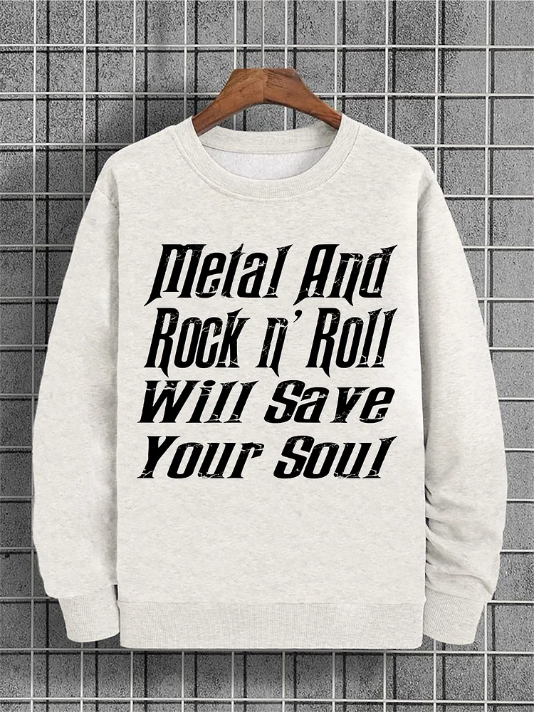 Men's Metal And Rock And Roll Will Save Your Soul Print Cotton Casual Sweatshirt