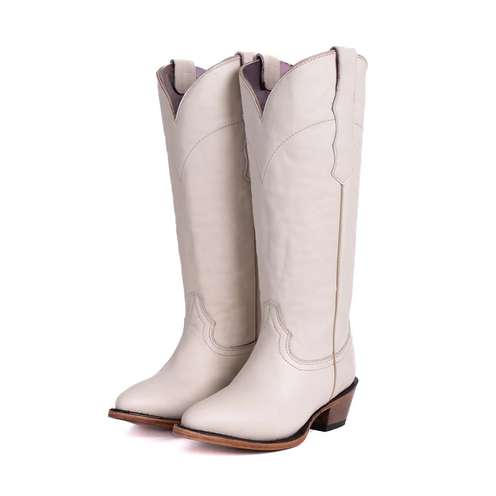 YDN Women's White Classic Round Toe Chunky Heel Cowgirl Boots
