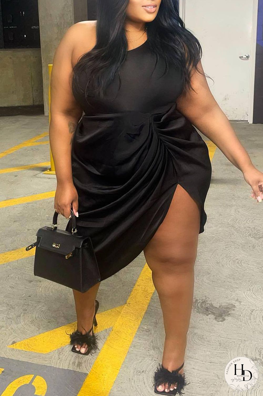 Black Sexy Solid Patchwork Fold Asymmetrical Oblique Collar Irregular Dress Plus Size Dresses