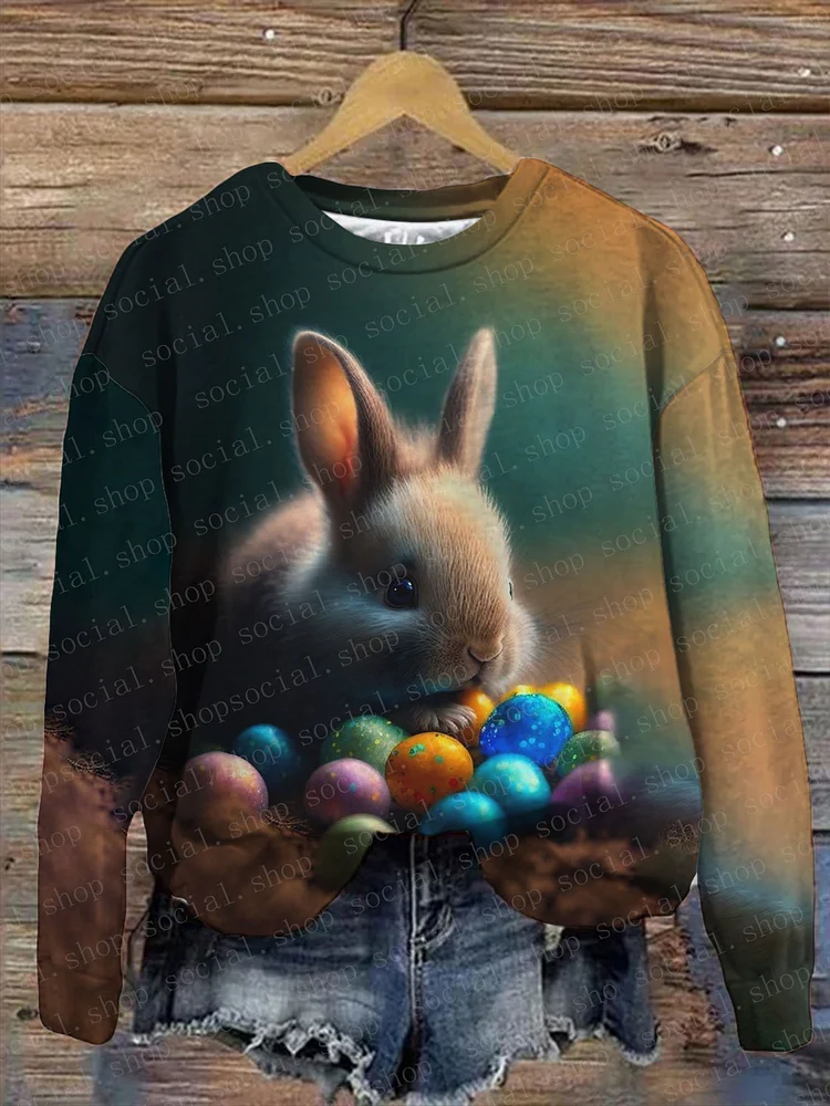 Women's Easter Cute Bunny and Colorful Egg Casual Sweatshirt socialshop
