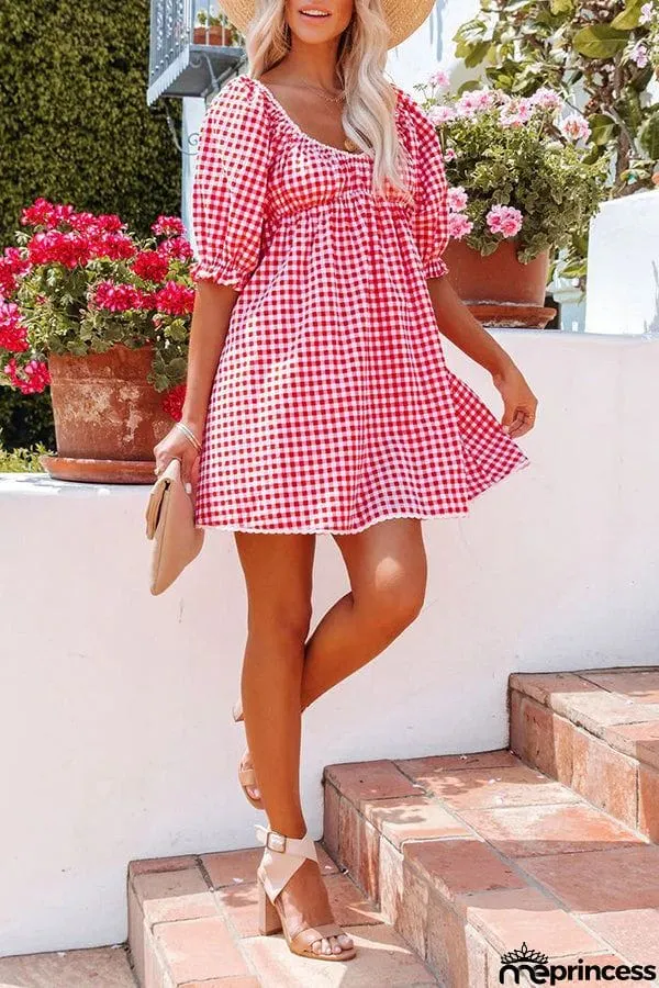 Check Print Lace Panel Backless Mini Dress