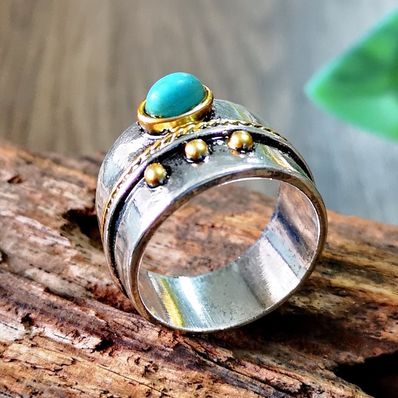 Retro Thai silver turquoise two color ring