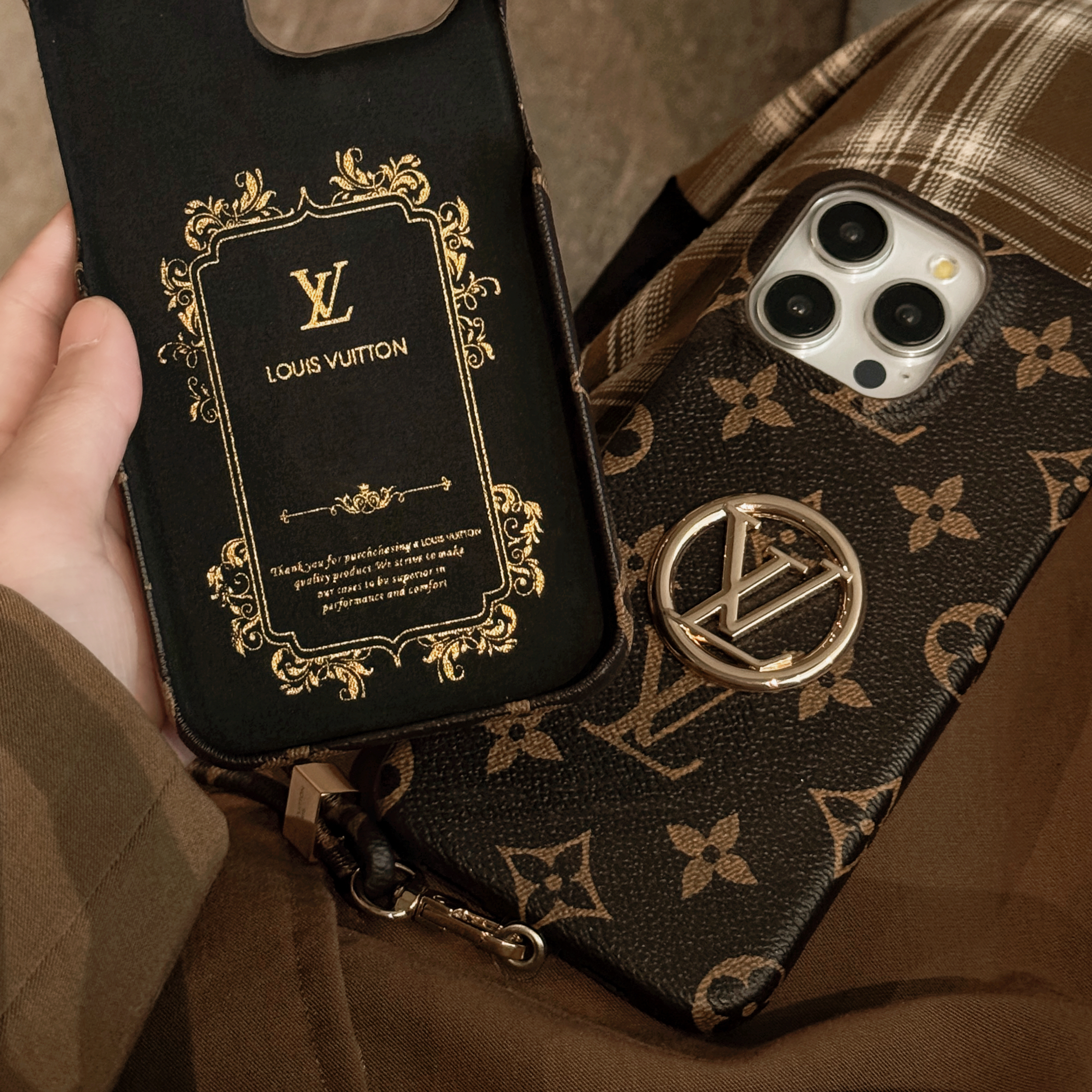 LV Canvas Monogram Leather Crossbody and Hand Strap Apple iPhone Case
