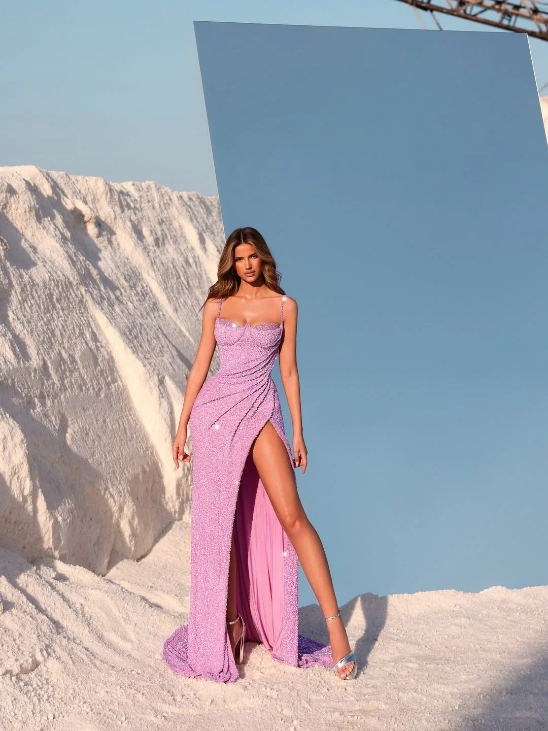 Show-Stopping Purple Spaghetti-Straps Pleated Split Beaded Prom Dress YK0212