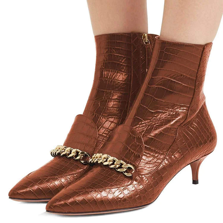 Brown Crocodile Embossed Pointed Toe Chain Embellished Heeled Booties |FSJ Shoes
