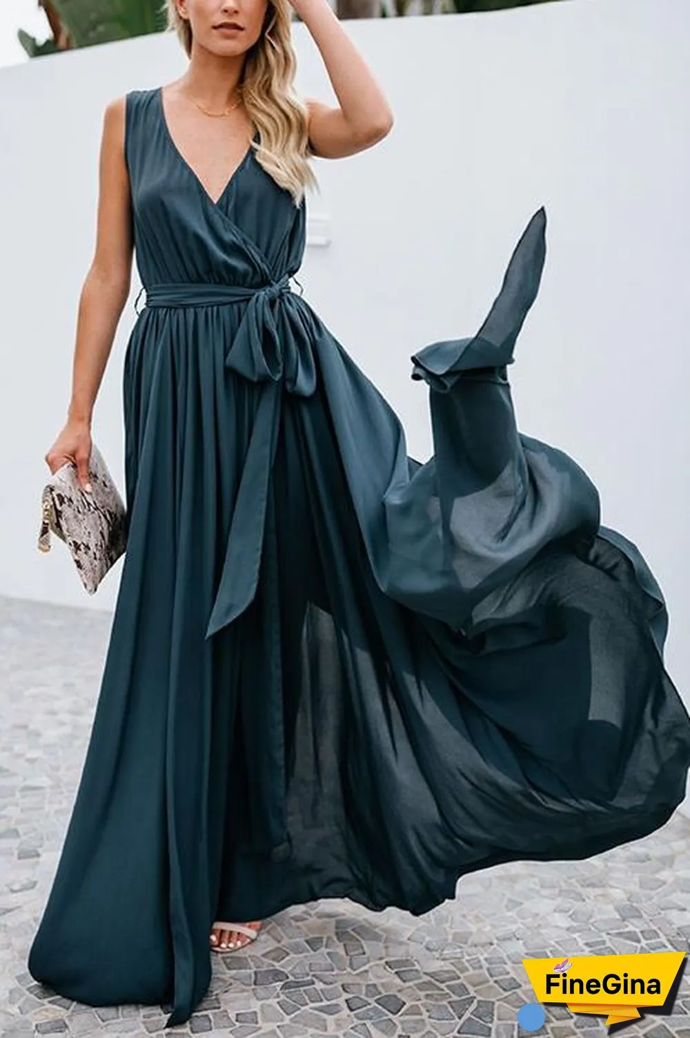 V Neck Sleeveless Slit Wrap Maxi Dress