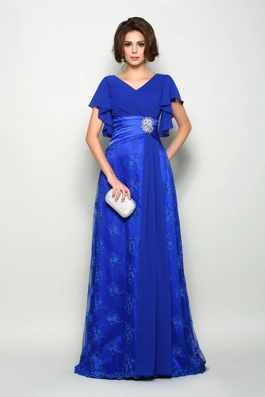 Daisda High-Waisted A-Line Mother Of The Bride Dress With Pleated V-Neck Short Sleeves 