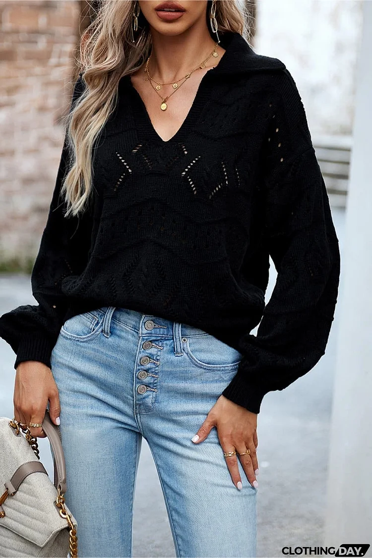 Openwork Long Sleeve Notched Neck Sweater