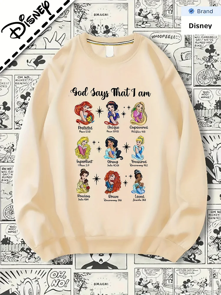 Disney Princess Hoodie With Inspirational Bible Verses - Soft Beige Cartoon Print Pullover Featuring For Ariel, Belle, Jasmine & More, Faith-Inspired Streetwear For Women &, 2025 New Design, Machine Washable, Streetwear, Relaxed Fit Sweatshirt