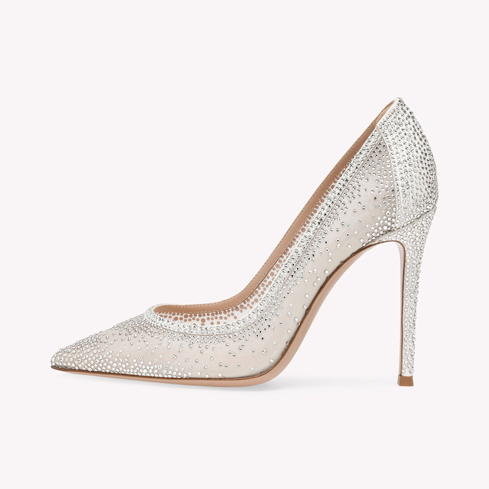 Ivory Mesh Pointed Toe 4'' Stiletto Heel Rhinestone Pumps Nicepairs