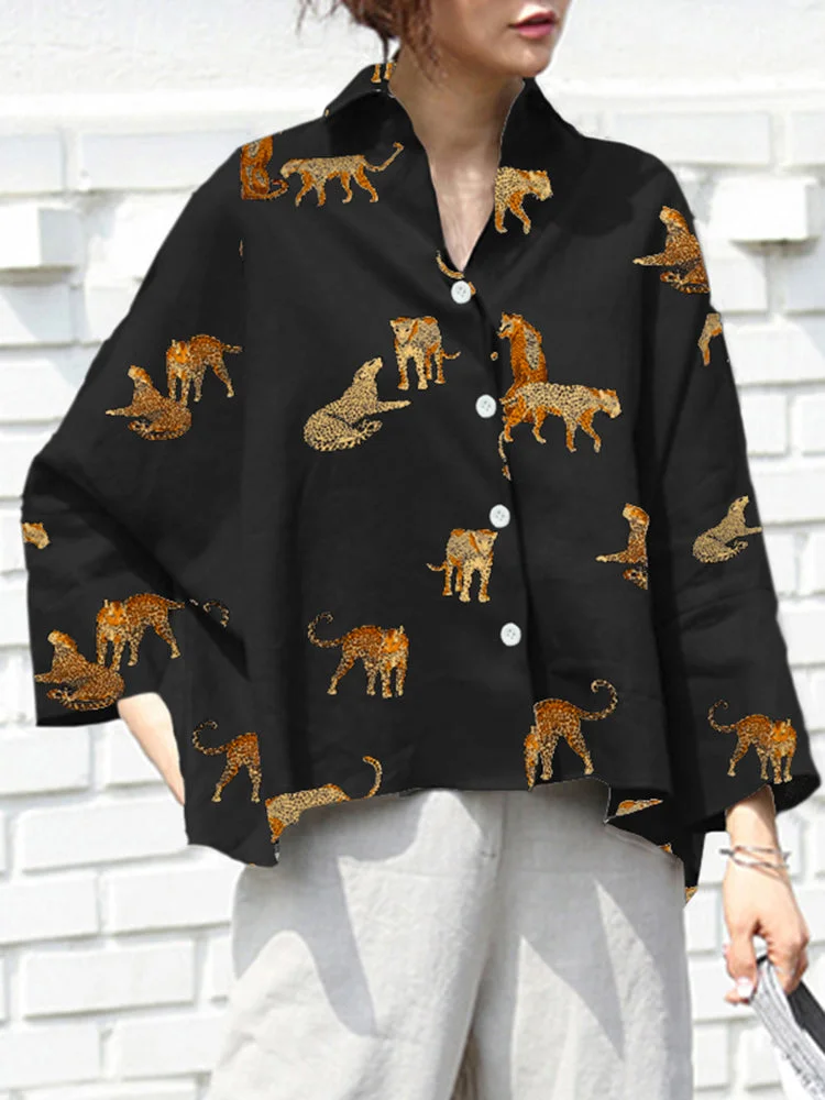 Leopard Print Asymmetrical Hem Long Sleeve Women Shirt SKUJ13646 QueenFunky