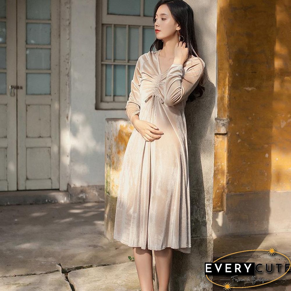 Women Drawstring V Neck Velevt Pure Color Dress