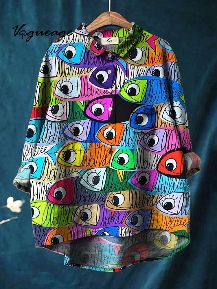 Colorful School Of Artistic Fish Printed Cotton And Linen Shirt