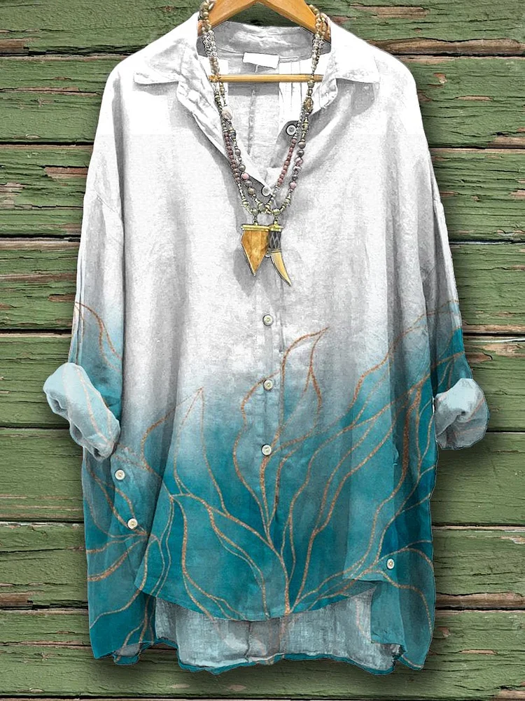 Women's Gradient Vintage Marble Print Casual Cotton And Linen Shirt
