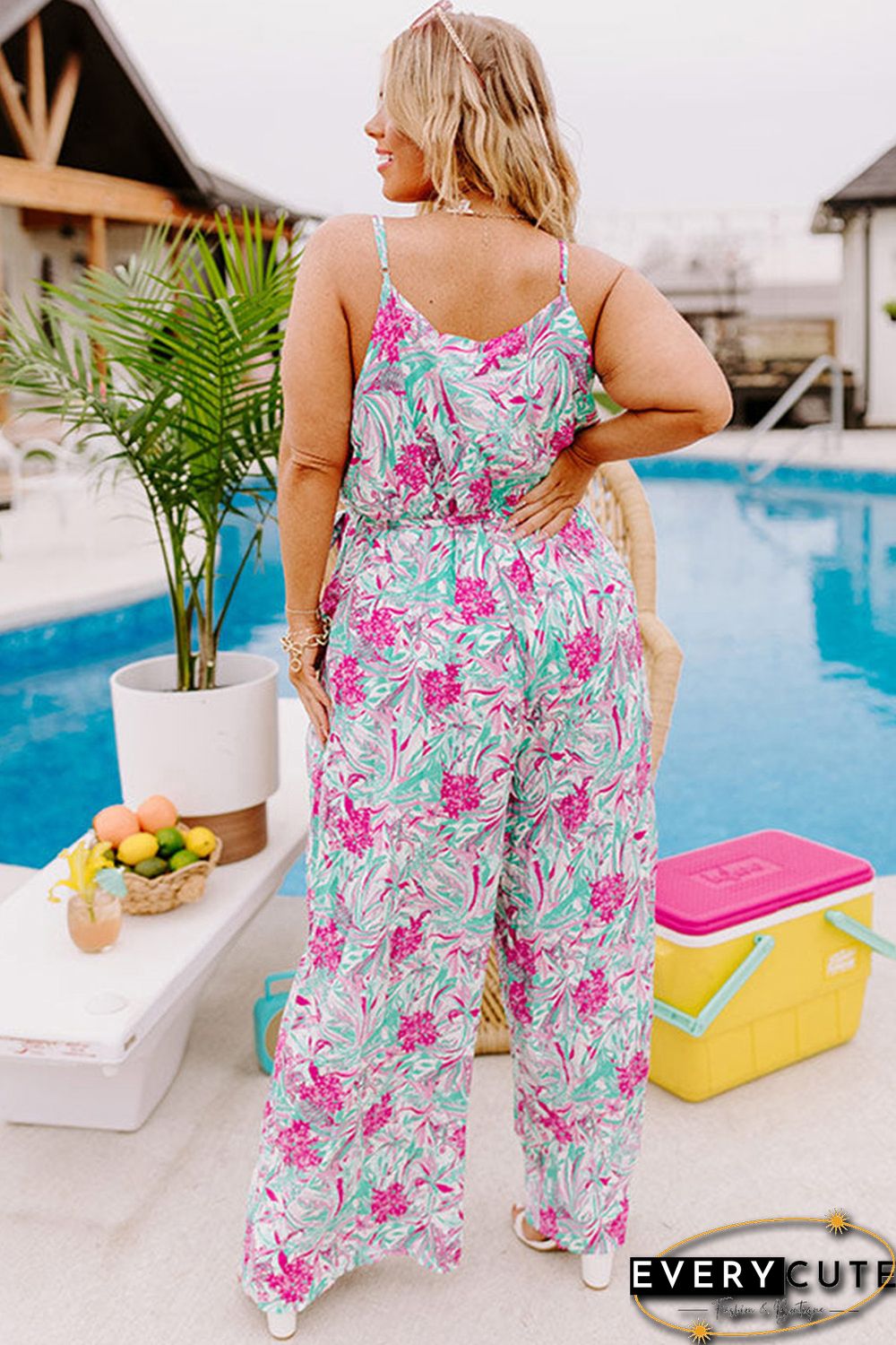 Rose Tropical Floral Spaghetti Straps Belted Plus Size Jumpsuit