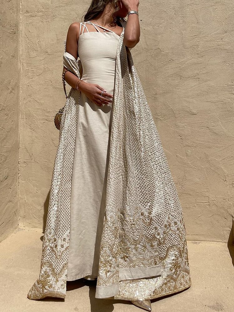 Solid color camisole dress + embroidered sleeveless cardigan two-piece set فساتين