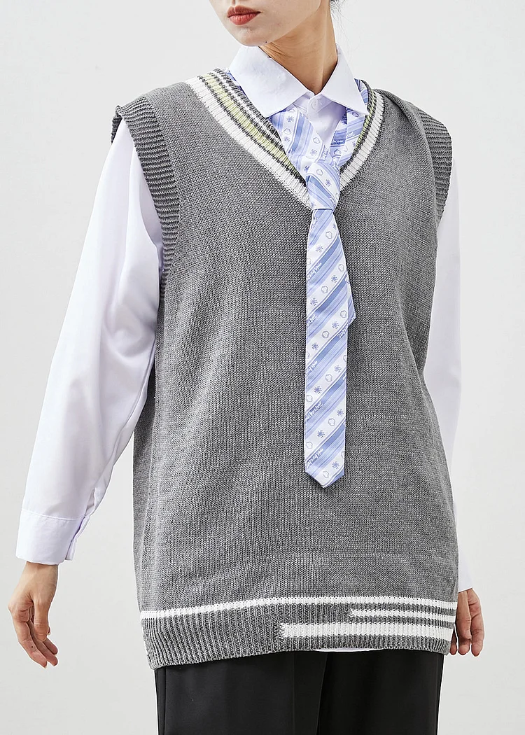 DIY Grey V Neck Knit Vest And Shirt Three Pieces Set Spring