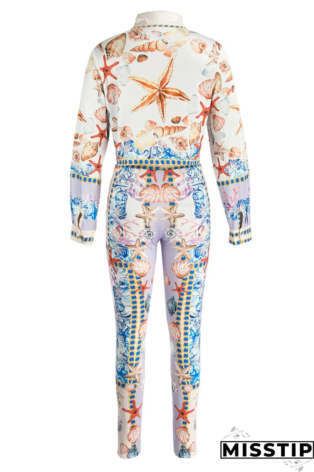Purple Fashion Casual Print Basic Turndown Collar Long Sleeve Two Pieces
