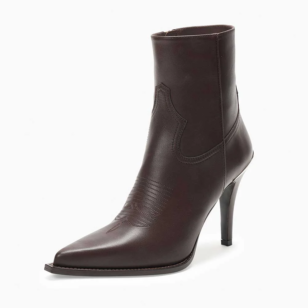 Brown Pointed Toe Zipper Stiletto Heel Short Cowgirl Boots for Women