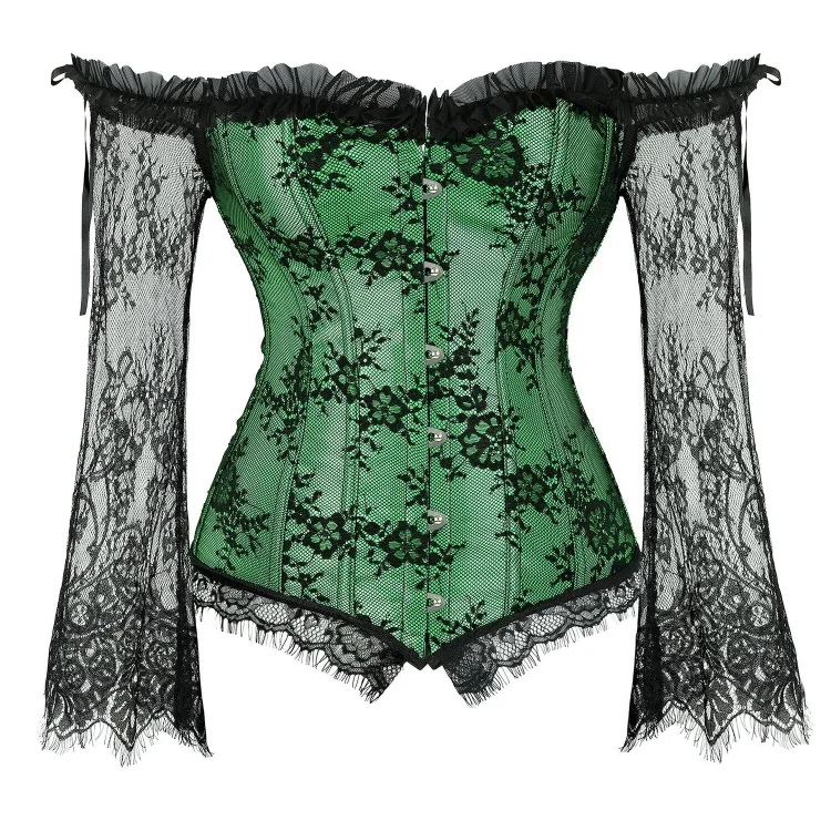 Vintage Off Shoulder See-Through Long Sleeve Corset Lace Blouse