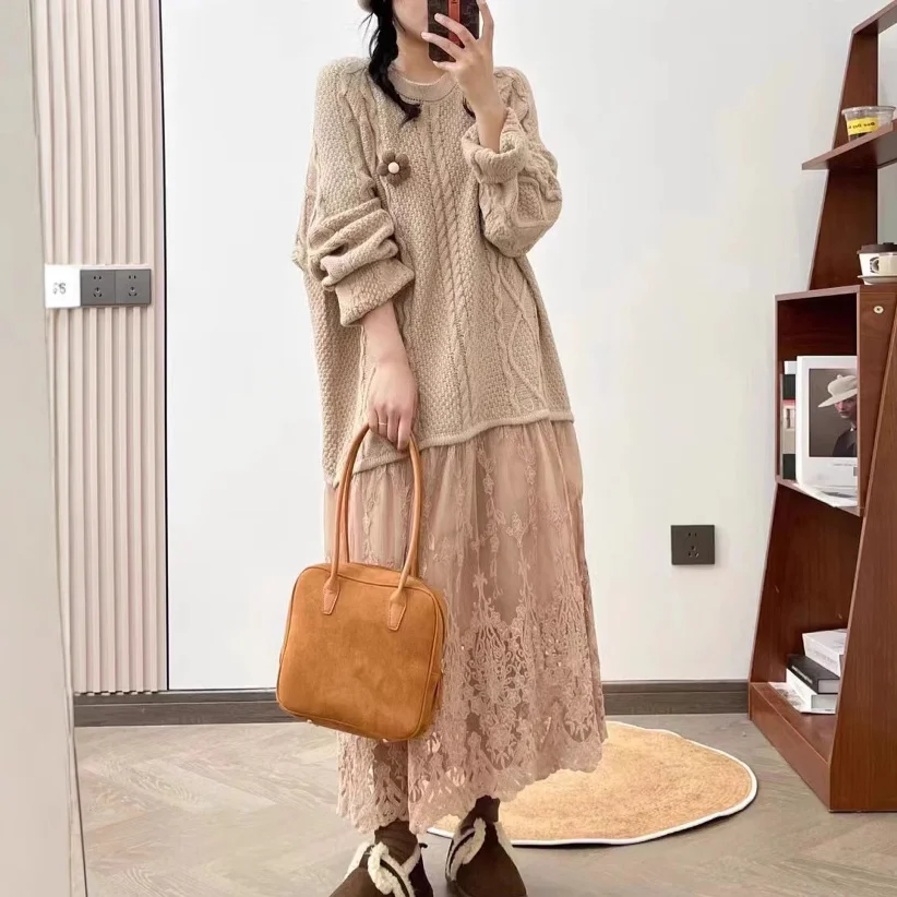 Chicfifth Sweater Women Winter Long Sleeve High Quality Autumn Vintage Top Knitted Cardigan Maxi Dress