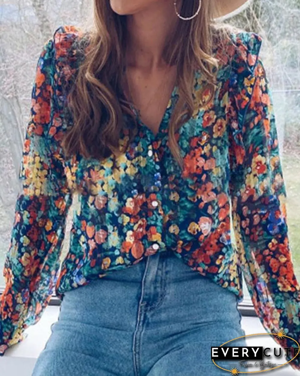 Plus Size Floral Print Casual Shirts Blouses