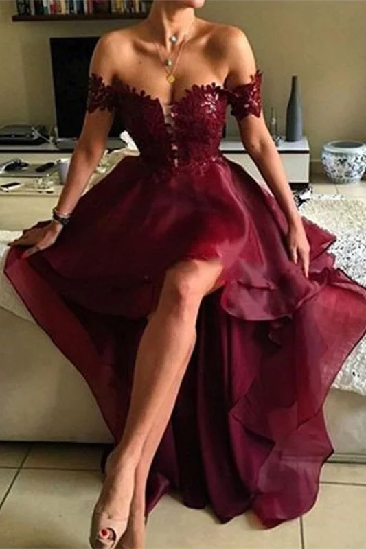 Luluslly Burgundy Hi-Lo Prom Dress Off-the-Shoulder With Lace Appliques
